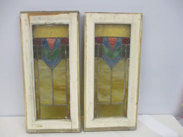 PAIR OF ANTIQUE ARCHITECTURAL LEADED STAINED GLASS WINDOWS ~ 12" x 26"
