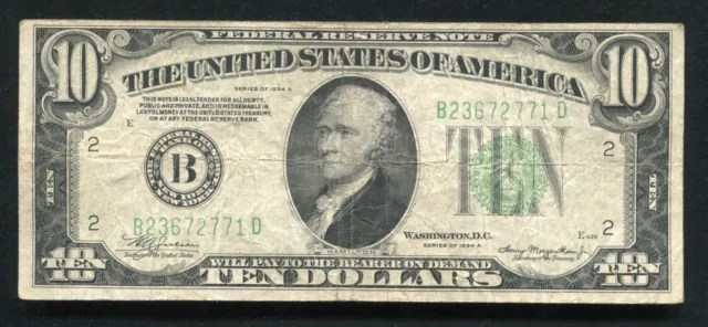1934-A $10 Ten Dollars Frn Federal Reserve Note New York, Ny Very Fine (B)