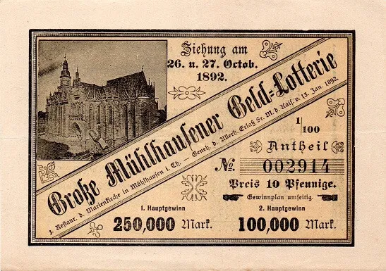 Lotterie-Los Mühlhausen, 1/100 Antheil a, Große Geld-Lotterie, 10 Pf., 1892