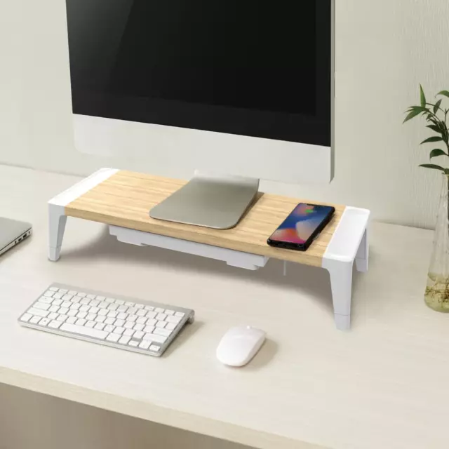 Bostitch Wooden Monitor Stand, Wireless Charging Pad, Drawer for Storage, Adjust