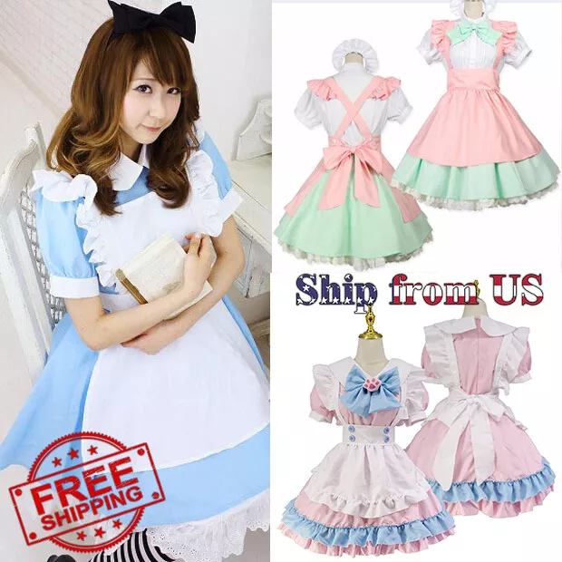 Anime Cute Maid Outfit Lace Trim Apron Lolita Dress Uniform Costume Cosplay Set