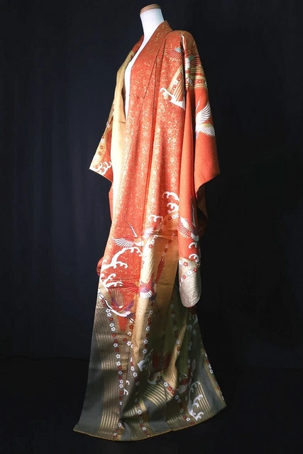 8786A3 Silk Japanese Kimono Furisode Crane Birds Waterfall Tall