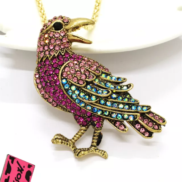 Hot Betsey Johnson Rose Red Rhinestone Cute Bird Crystal Pendant Chain Necklace