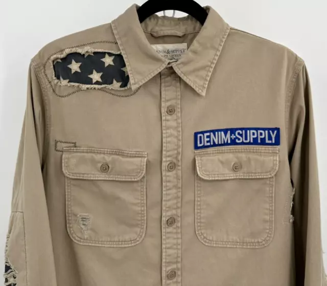 DENIM & SUPPLY RALPH LAUREN DISTRESSED KHAKI BUTTON FRONT SHIRT Mens Medium FLAG