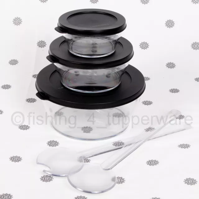 NEW Tupperware Bowls Crystal Clear set of 3 with Black Seals and Servers