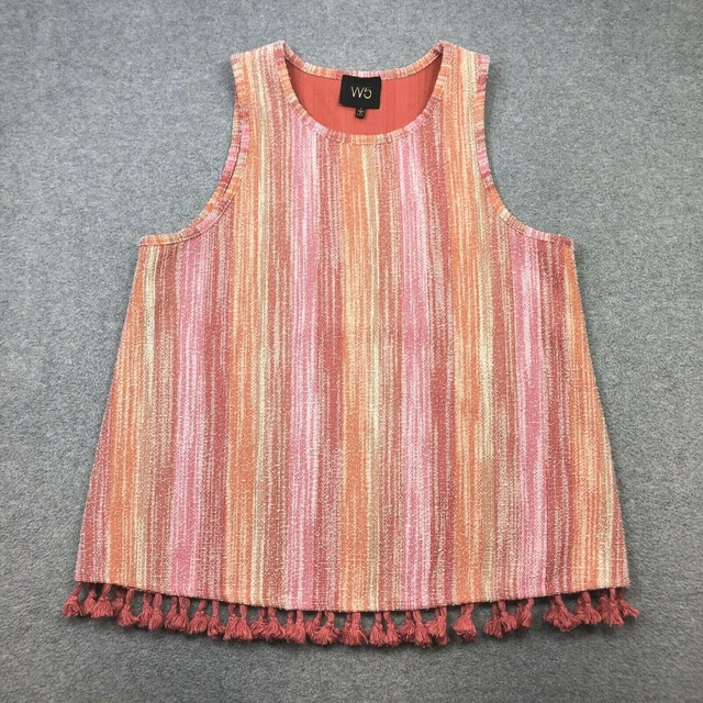 W5 by Anthropologie Top Women Small Pink Red Stripe Pom Pom Fringe Tassels Tank
