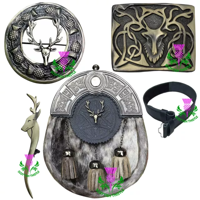 Scottish Kilt Sporrans Stag Head Antique Finish 5 Pcs Set/Buckle Pin Brooch Belt