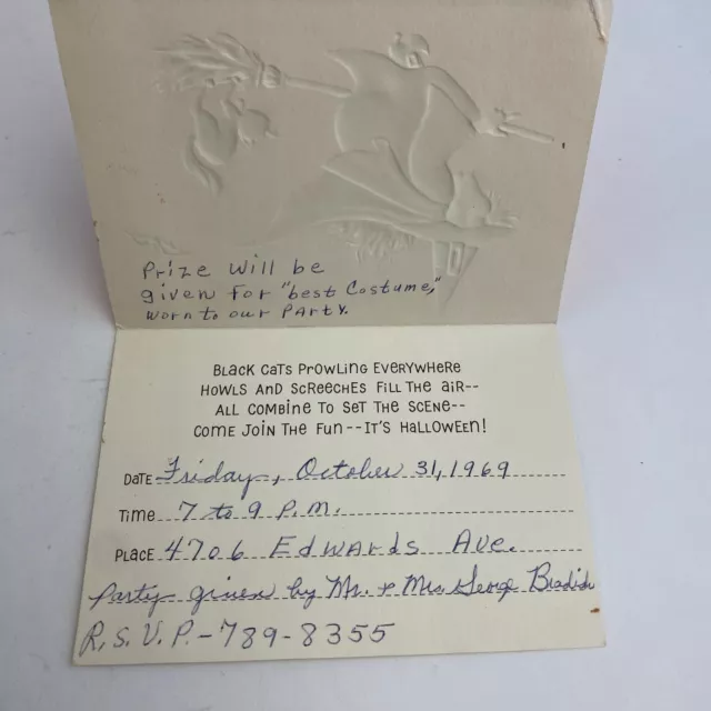 Vintage Halloween Invitation Greeting Card Witch Broom Black Cat Hallmark 1969 3