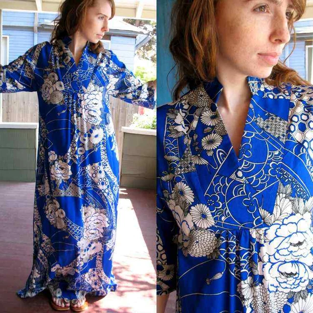 VTG 70s Hawaiian Dress Japanese Kimono Cut Gown MOD Asian Floral Fabric Kimo's