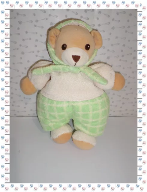 Doudou Peluche Ours Beige Vert Crème Capuche  Nounours