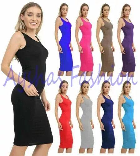 Womens Sleeveless Vest Midi Mini Bodycon Ladies Summer Casual Dress UK Plus 8-26