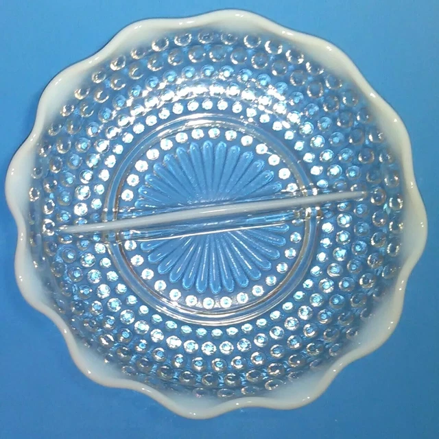 Beautiful HOBNAIL MOONSTONE divided bowl relish candy dish mid-century vintage