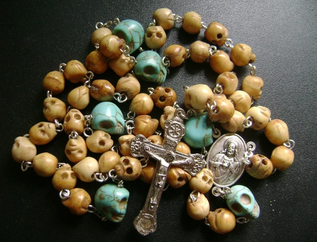 Vintage Bone Skull Beads Turquoise ROSARY NECKLACE crucifix cross Catholic