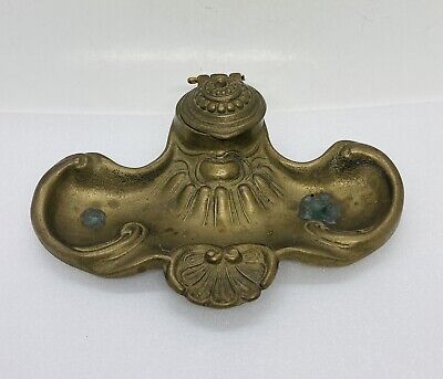 Antique 1800s Victorian Art Nouveau Brass Inkwell French Ornate Design 31