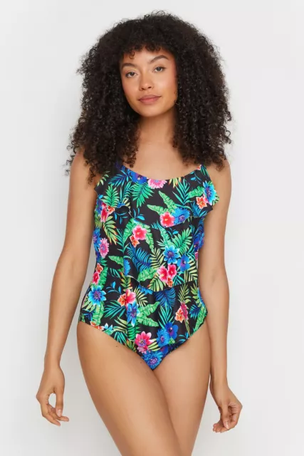 M&Co Women's Tropical Print Triple Frill Swimsuit