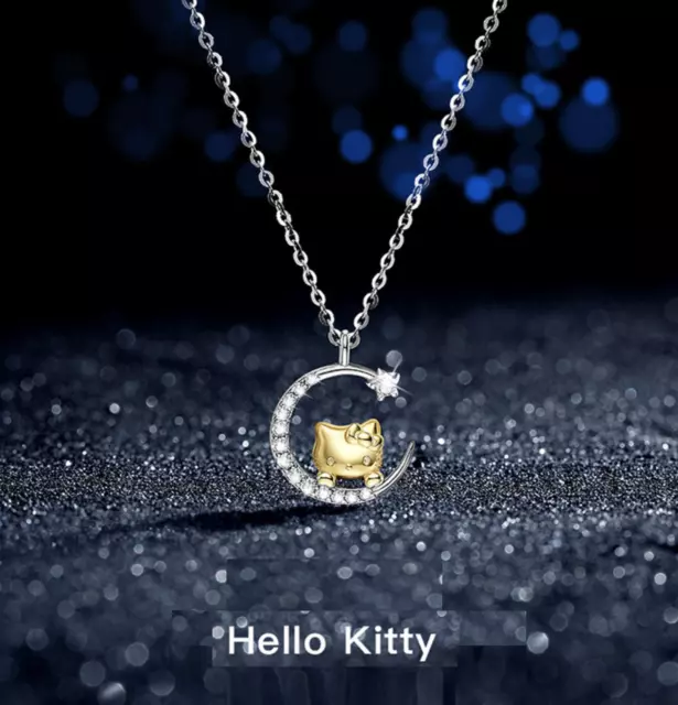Silver Moon Gold Tone Hello Kitty Cat Pave Cubic Zirconia Pendant Chain Necklace