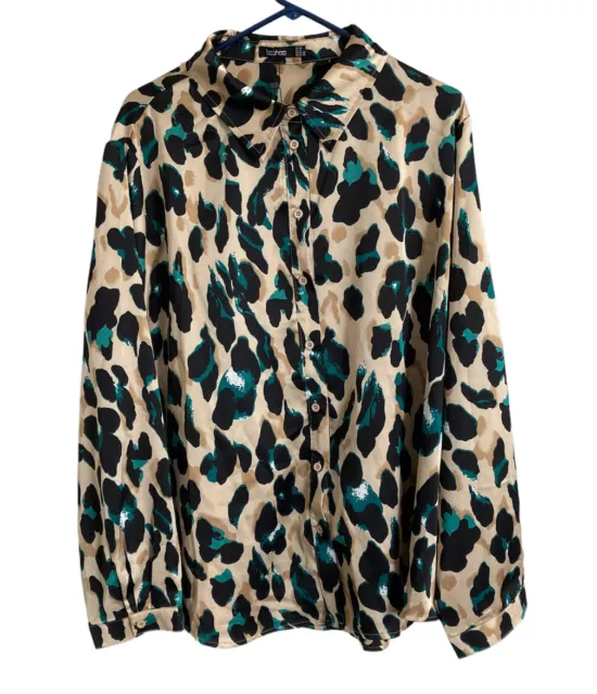 NWT Boohoo Womens Size 16 Satin Leopard Print Long Sleeve Button Up Shirt
