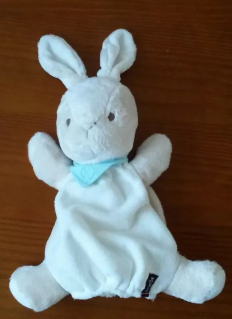 Doudou lapin marionnette blanc beige Kaloo  bandana brodé bleu ciel état neuf