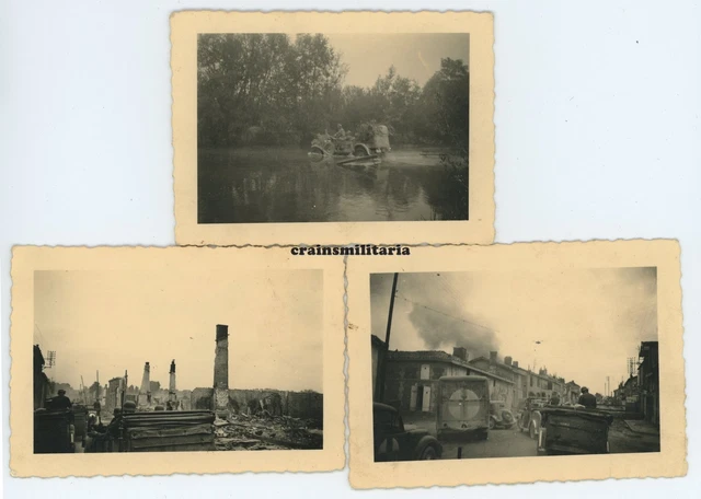 3x Orig. Foto Vormarsch Sankra Sanka DRL Pkw SEINE in brennendes Frankreich 1940