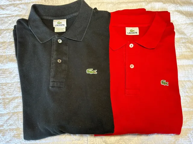 Lot of 2 LACOSTE French Short Sleeve Classic Pique Polo Shirts Red, Black Sz 7