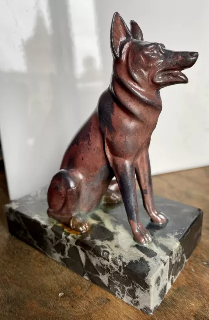 🌟Ancienne Statue Chien Berger Allemand en regule base en marbre German Shepard