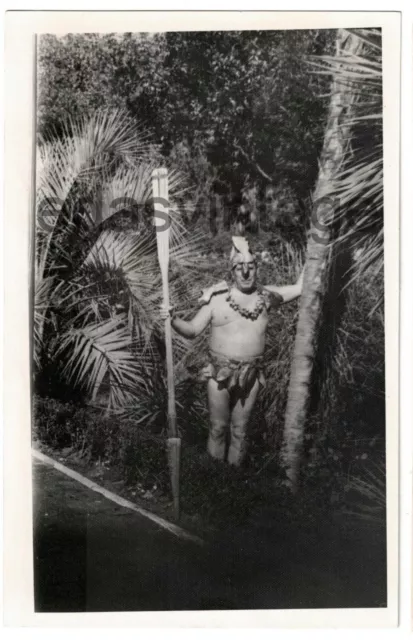 Hula guy Masked man hiding Paddle Hawaiian style costume Beach Studio odd photo