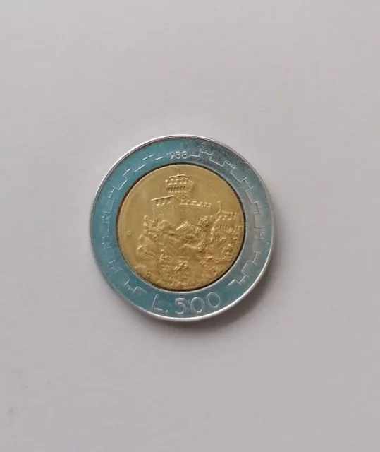 San Marino 500 Lire Coin, 1988 Coat of Arms, KM#226, Bimetallic