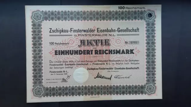 Aktie Zschipkau-Finsterwalder Eisenbahn-Ges. 100 RM 1928 Finsterwalde N.L
