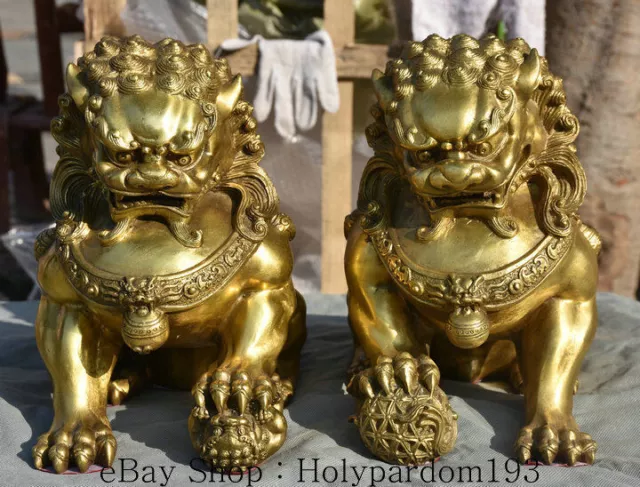 11" Pure Bronze Royal Fengshui Foo Fu Dog Guardion Lion Door Beast Statue Pair