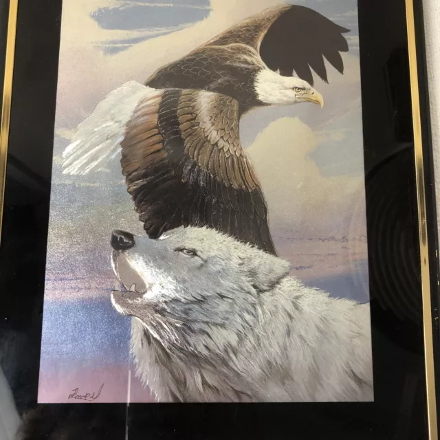 Vintage WOLF & BALD EAGLE Foil Metallic Framed Artwork USA Made 8"x10" SIGNED