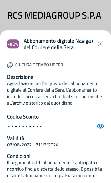 Coupon Code -80% Digital Subscription Corriere Della Sera Daily Naviga+ Coupon Code -80% Digital Subscription Corriere Della Sera Daily Naviga+