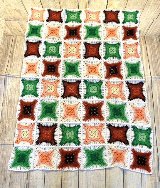 Hand crochet granny square blanket afghan throw 38x49 Green Brown White peach