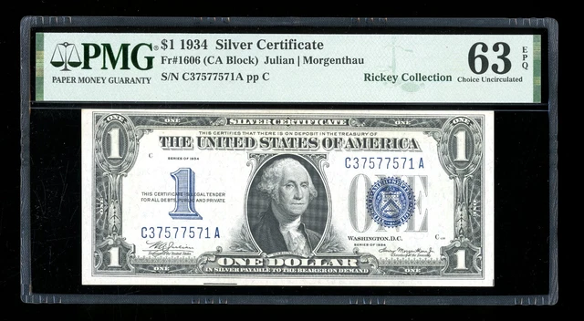 DBR 1934 $1 Silver Funnyback Fr. 1606 CA Block PMG 63 EPQ Serial C37577571A