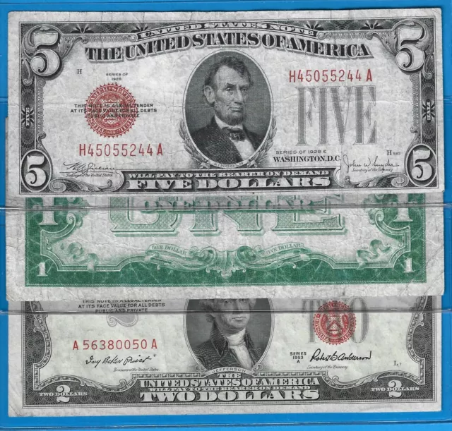 1928-1953,$5 USN,$1 SC FB,$2 USN,3) Notes,Blue/Red Seal,Circ F/VF,Nice!