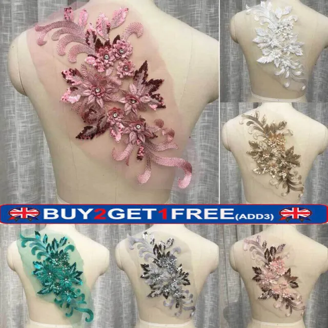 Tulle Applique Flowers3D Lace DIY Pearls Embroidery Wedding Bride Dress Beaded