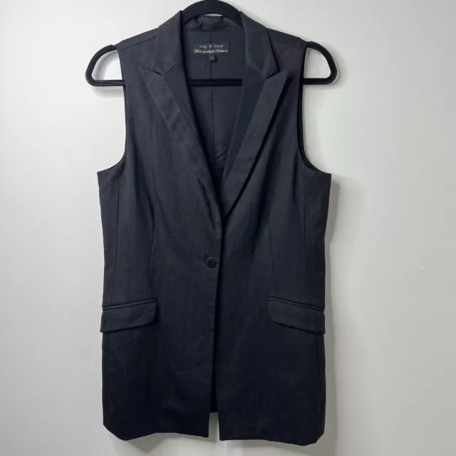 Rag and Bone Long Line Vest Sleeveless Blazer Style Charcoal Wool Silk Sz 8