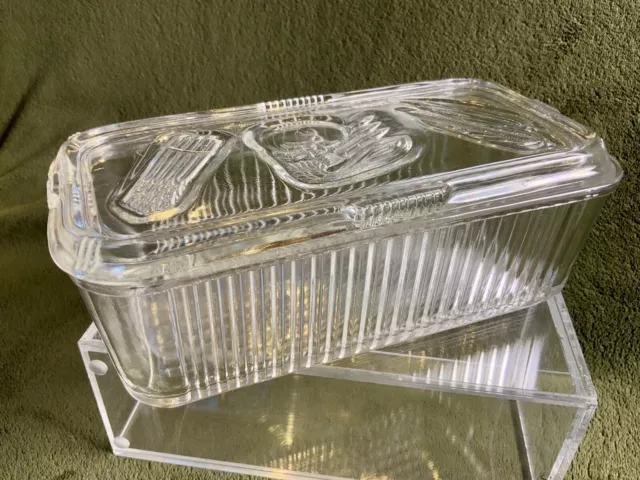 Vtg Federal Clear Glass Ribbed Refrigerator Dish Box & Lid Embossed Vegetable