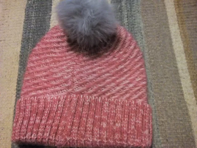 Fashion Ladies Womens Winter Knitted Beanie Ski Hat Faux Fur Pom Pom Pink/Grey