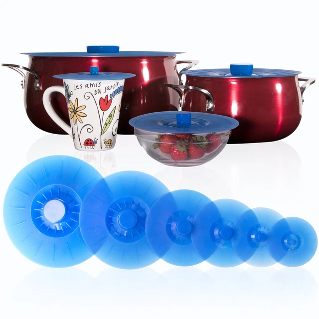 Silicone Lids Extra Large Blue Set of 6 Sturdy Suction Seal Covers. Universal...