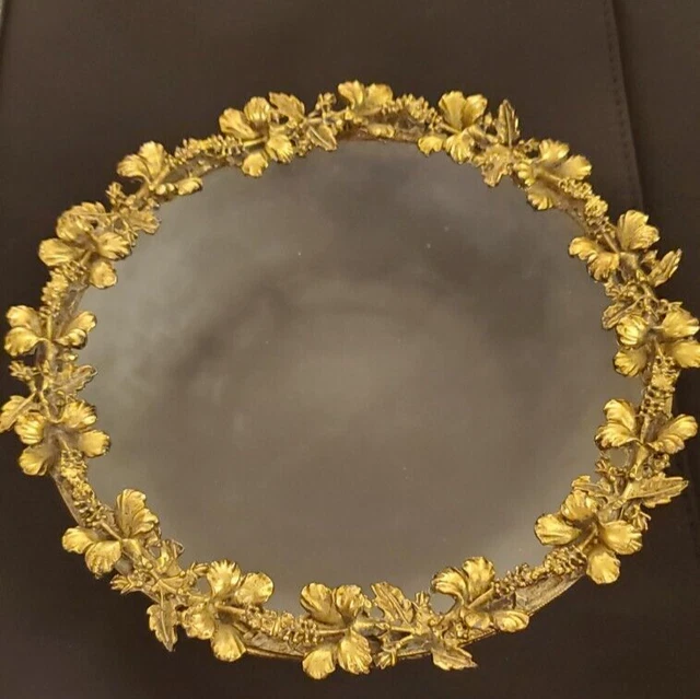 French Satin Art Glass Bowl Ornate Rim Gilt Brass Ormulu Leaves Berries