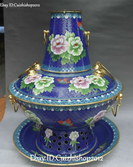 16" Cloisonne Enamel Gilt Peony Flower Hot Pot Pan Boiler Chafing Dish statues