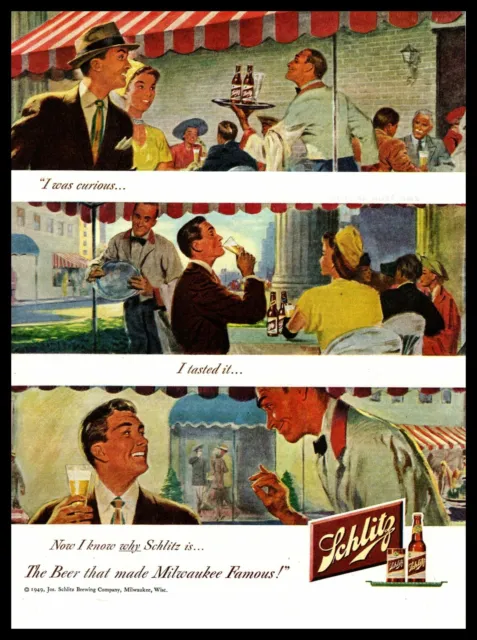 1949 Schlitz Beer Bottle Glasses Street Side Cafe Awning Waiter Vintage Print Ad