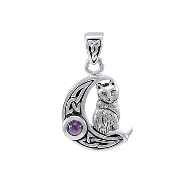 Cat Crescent Moon Amethyst Gem Sterling Silver Pendant by Peter Stone Jewelry