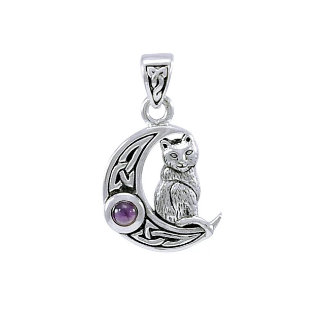 Pendentif Chat Celtique En Argent 925 Avec Pierre - Bijou Finition Main