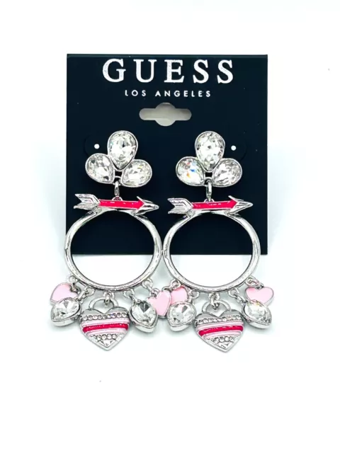 GUESS Silver-Tone Arrow and Heart Drop Charm Earrings with Clear Stones Red/Pink