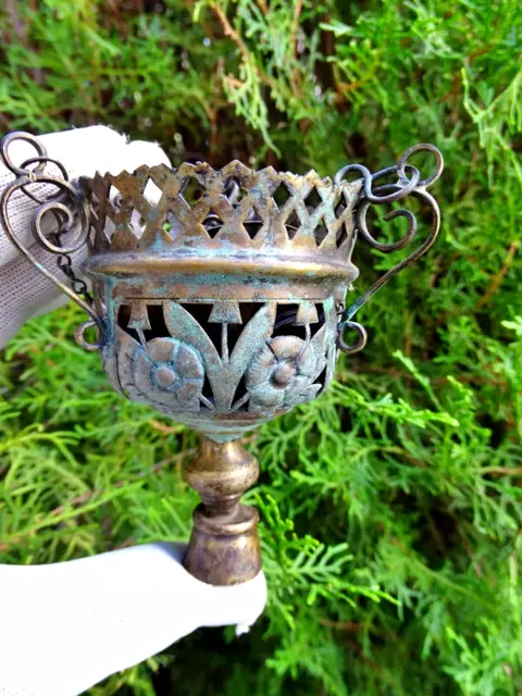 Old Authentic Russian Orthodox Hanging Bronze Oil Candle Holder BRK