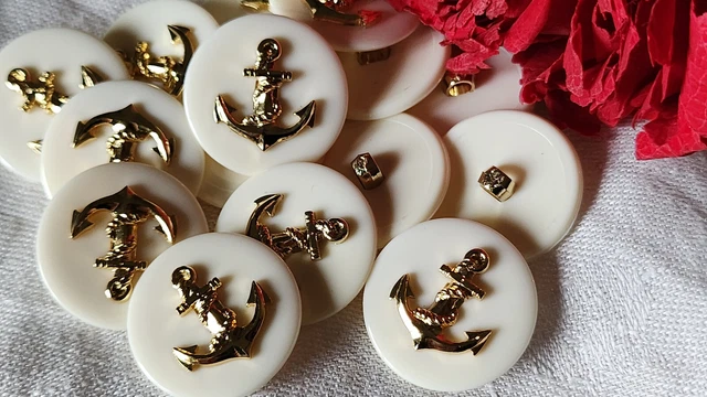 Lot De 8 Boutons Vintage Ancre De Marine Argentés - Diamètre 15 Mm - Métal - Pour Blazers, Costumes - Occasion