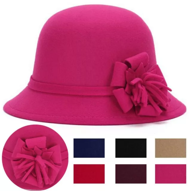 Women Lady Winter Vintage Elegant Wool Flower Felt Hat Cloche Bucket Cap Bowler