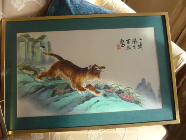 Vintage two chinese large embroidered gold framed pictures