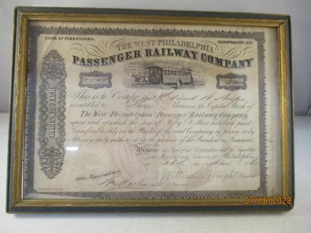 Trolley/Tram 1861 Stock Certificate: West Philadelphia Passenger Railway Co.- PA